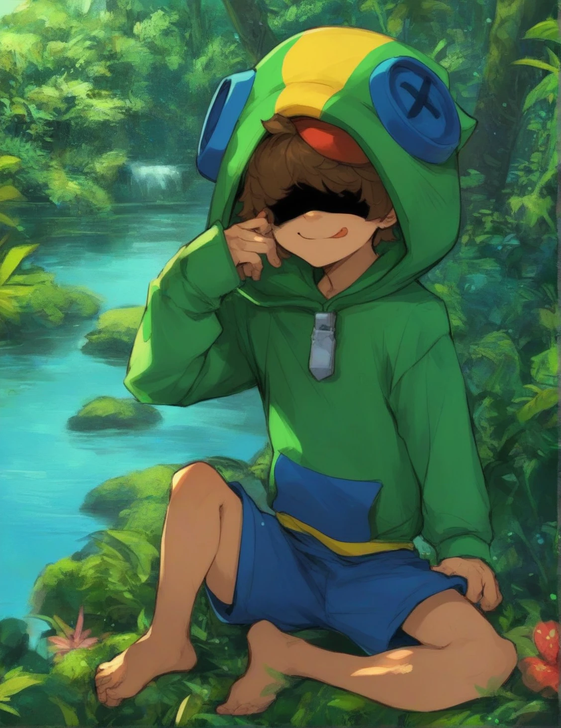 <lora:Leon:1> Leon, 1boy, solo, looking at viewer, brown hair, light smile, covered eyes, portait, jungle,( hood:1.1), hood up, tongue, long sleeves, river, hoodie, barefoot, blue shorts, score_9, score_8_up, score_7_up, score_6_up, score_5_up, score_4_up,