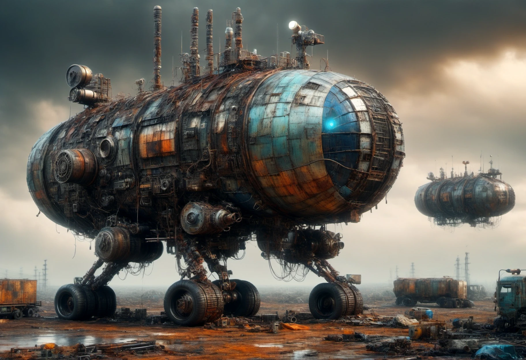 DonMW4573L4ndXL waste,scifi small disc-shaped freighter, antimatter engines, stainless steel, electrochromic windows,rust-like textures,radar,communication antennas, <lora:DonMW4573L4ndXL-000006:1>