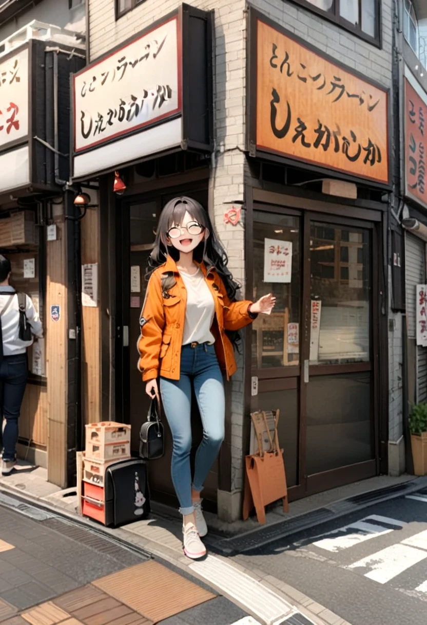 masterpiece, best quality, very aesthetic, absurdres,
1girl, solo, glasses, black hair, long hair, field jacket, jeans, black bag, smile, laughing, looking at viewer, solo focus,
shekarashika, storefront, scenery, outdoors, sign, building, real world location, road, street, traditional media, alley, day
 <lora:shekarashika_SDXL_V1:1>