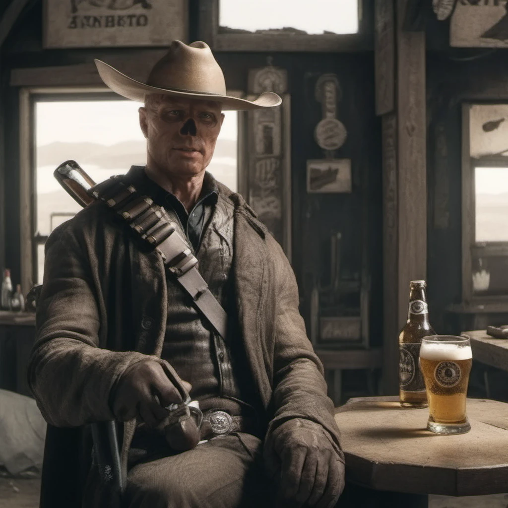 Dystopian style a bald cowboy with a hat have a beer in a saloon <lora:TheGhoul1024:0.8> . Bleak, post-apocalyptic, somber, dramatic, highly detailed