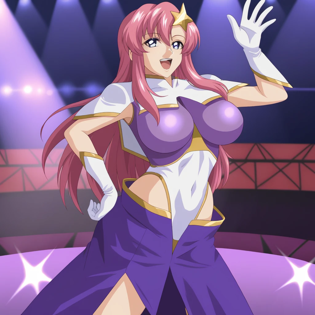 <lora:Meer Campbell - Gundam Seed Destiny:1> MeerCampbeIl, 1girl, solo focus,  star hair ornament, large breasts, multicolored leotard, white gloves, covered navel, purple skirt, waving, stage, concert, singing, hand on own hip,