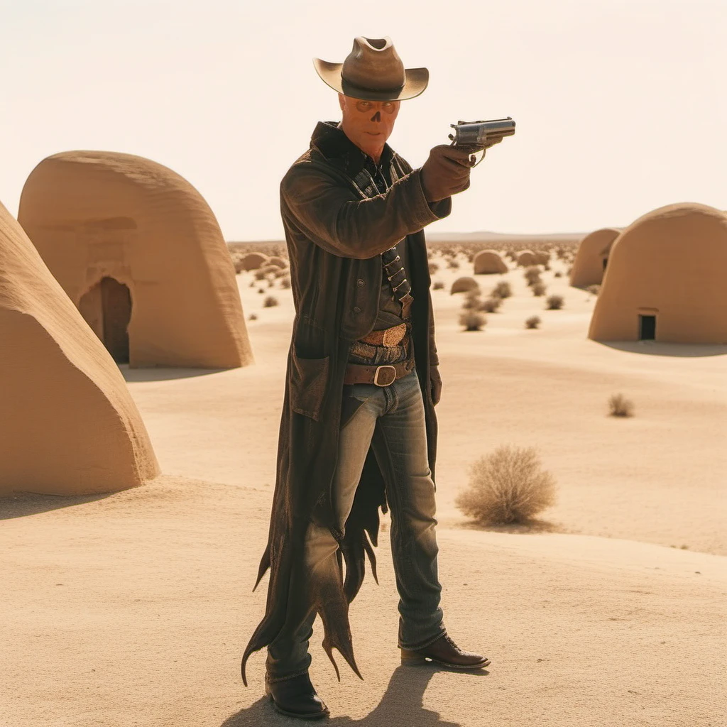 cinematic photo a full body bald cowboy holds a gun the desert <lora:TheGhoul1024:0.8> . 35mm photograph, film, bokeh, professional, 4k, highly detailed