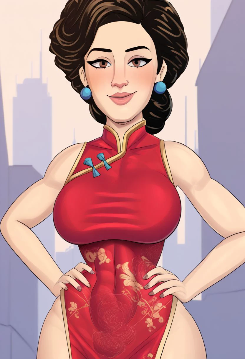 score_9, score_8_up, score_8,RocnerArt Style, RocnerArt \(Artist\), Rocner \(Artist\), @RocnerArt, looking at viewer, standing, hands on hips, waist up, closed mouth, masterpiece, best quality, 1girl, Ming Lee (Turning Red), (((pointy chin))), Chinese dress, smile, medium sagging breasts, plump, lips, detailed face+brown eyes, medium black hair, background: outdoors, overlooking city, hotel terrace solo,
