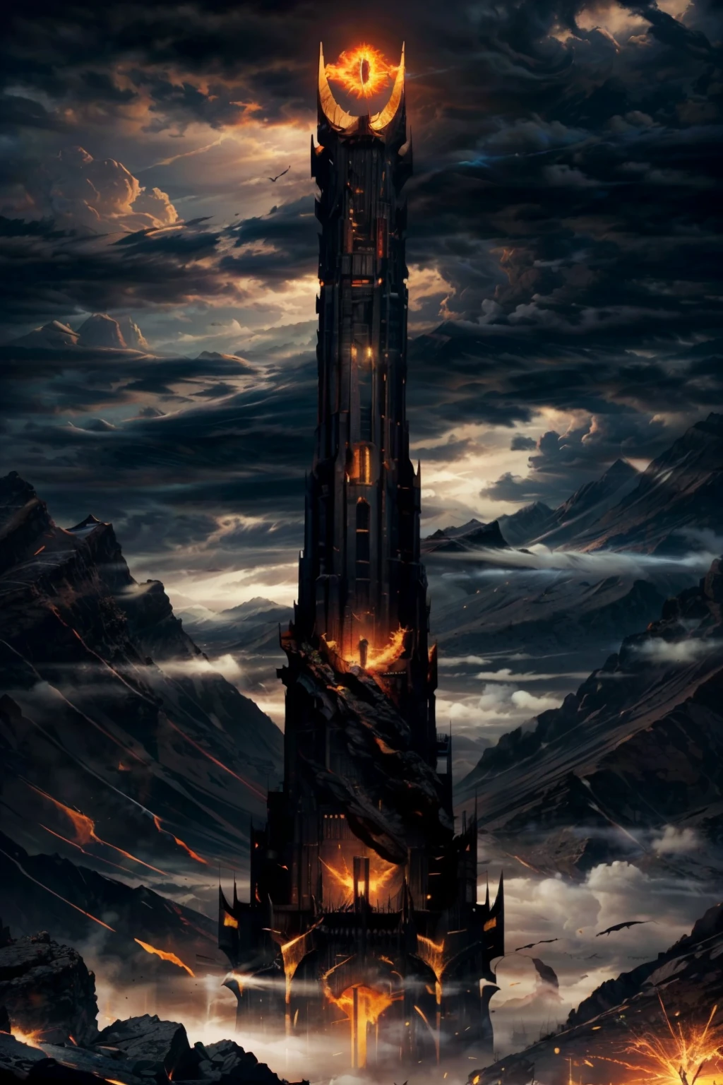 (ultra realistic,32k, masterpiece:1.2),( high quality:1.1),  <lora:Saurons_Tower:0.8>,  SauronsTower, cloud, cloudy sky, mountain range, volcano,   cinematic, movie poster, warm colors, orange theme, standing, outdoors, scenery, silhouette, fog  fire, luminescent sparks, otherworldly fragrance blurry background, <lora:add_detail:0.92>, (glowwave:1.1),