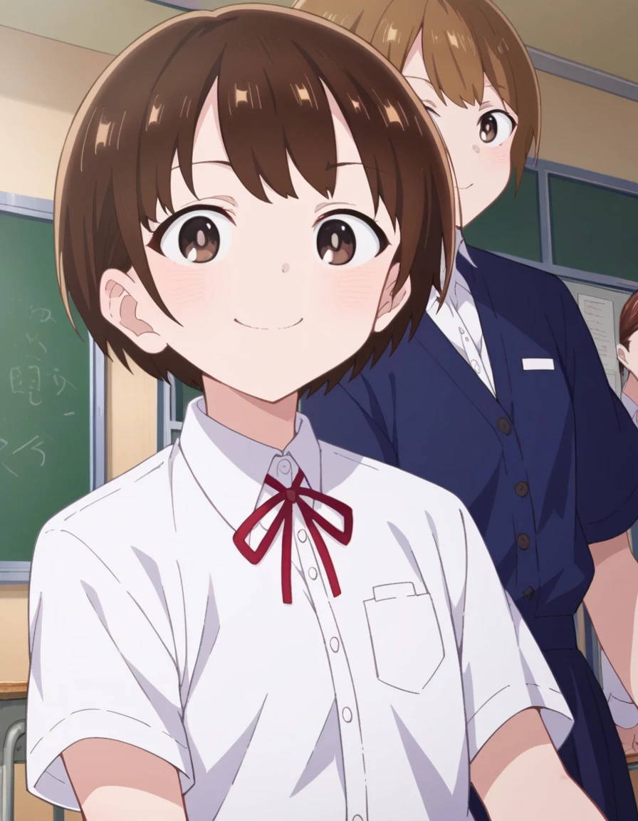 score_9, score_8_up, score_7_up, source_anime,
chihirokobayashi, <lora:chihiro-kobayashi-s2-ponyxl-lora-nochekaiser:1>,
chihiro kobayashi, short hair, brown hair, brown eyes,
skirt, shirt, school uniform, pleated skirt, socks, white socks, white shirt, collared shirt, ribbon, red ribbon, short sleeves,
indoors, classroom, smile,
looking at viewer, cowboy shot, dutch angle,