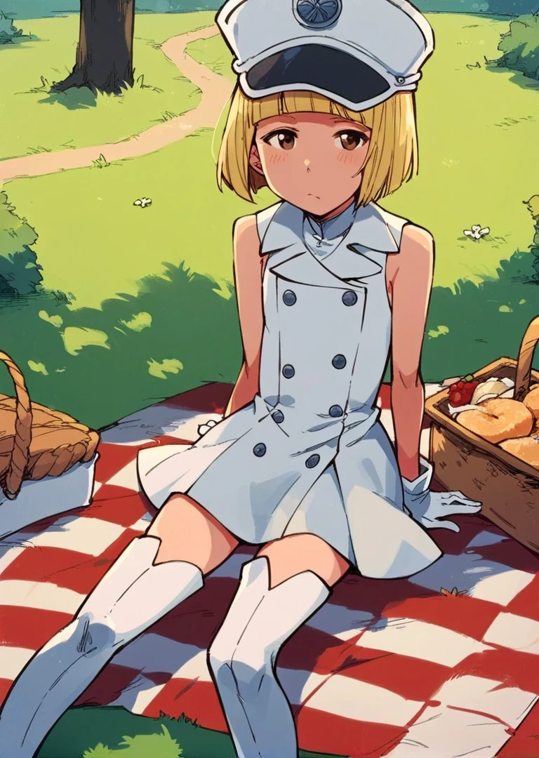 score_9, score_8_up, score_7_up, 1girl, solo, Liltotto, blonde hair, short hair, blunt bangs, brown eyes, 

white dress, sleeveless, double breasted, flat chest, frown, military hat, thigh boots, gloves, 

looking at viewer, frown, bored,

outdoors, park, sitting, grass, picnic blanket, picnic basket, food