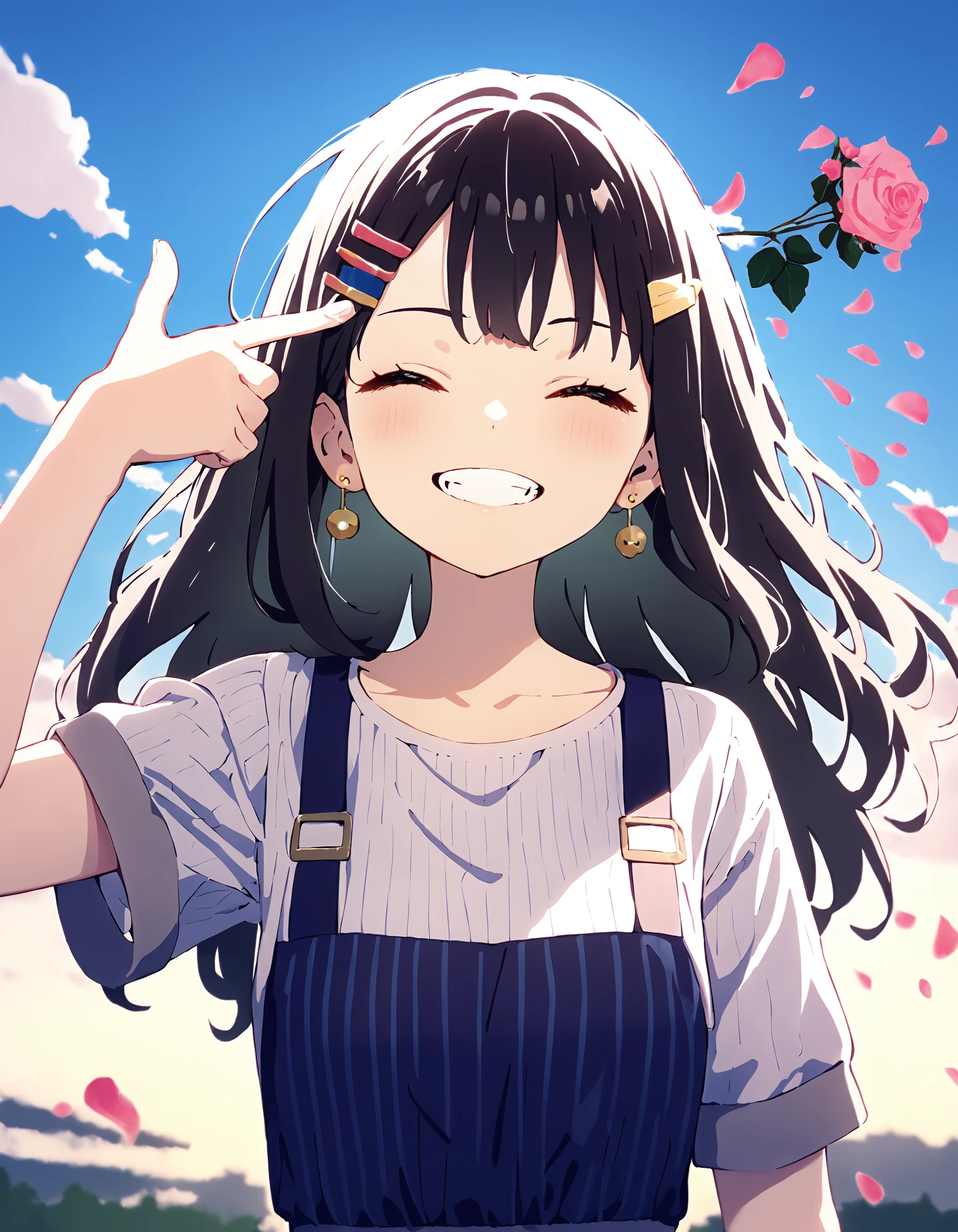 1girl,solo,mamyouda,haku geroda,popman3580,
happy,grin,blinking,long hair,milkmaid braid hair,earrings,hairclip,striped,short sleeves,close-up,dress,dynamic_angle,sky,cloud,
<lora:boom finger gun_XL_bx-v1.03:1>,finger gun,rose,petals,
masterpiece,best quality,absurdres,