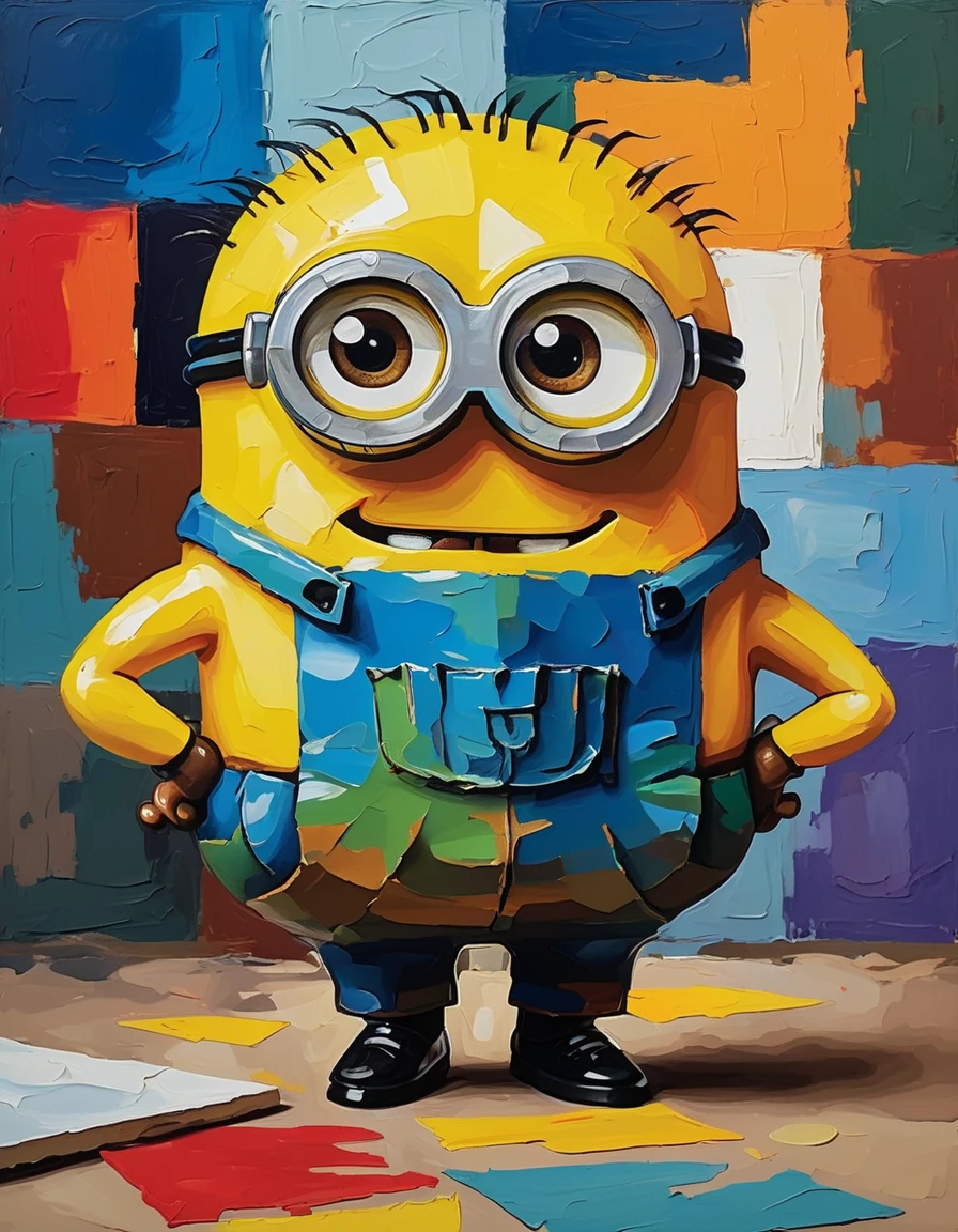 minion in picasso style showing the texture of thick oil paint strokes on the rustic canvas, vibrant colors sharp focus