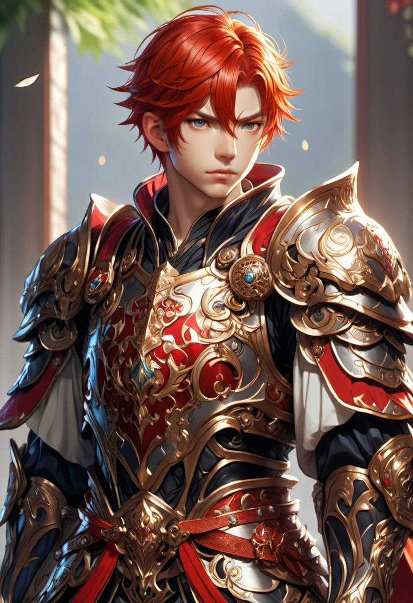 (((masterpiece))) , (((best quality))) , anime style, 2d, well-built charming 1boy, solo, lovely 1boy, MMO-ish-Japan, full body view, beautiful gorgeous red haired male, wearing intricate fantasy armor, he has Shaved sides hair, key visual, 