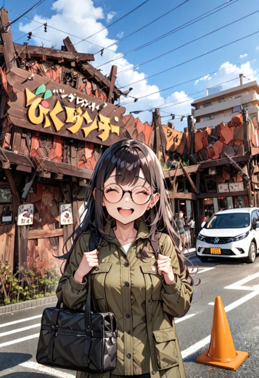 masterpiece, best quality, very aesthetic, absurdres,
1girl, solo, glasses, black hair, long hair, field jacket, ants, black bag, smile, laughing, looking at viewer, solo focus,
bikdonama, storefront, car, traffic cone, road, outdoors, sky, day, cloud, power lines, building, sign, real world location, utility pole, blue sky, road sign
<lora:bikkuri_donkey1_SDXL_V1:0.8>