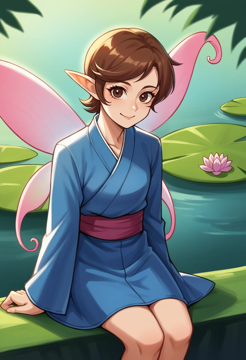 score_9, score_8_up, score_7_up, source_anime BREAK 1girl, solo,   <lora:zs_HighPixieXL:1> highpixiedsrk, short hair, brown hair, brown eyes, pointy ears, blue kimono, wings, fairy, forest, river, sitting, lillypad, smile