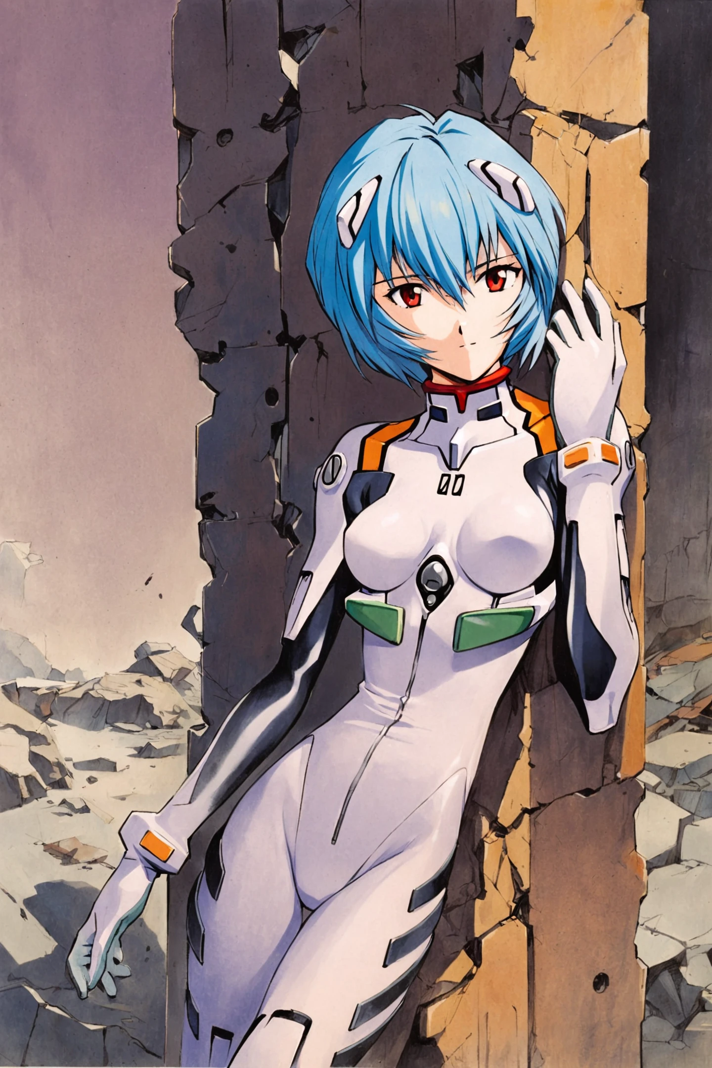 1girl,ayanami rei,plugsuit,solo,white bodysuit,red eyes,short hair,bodysuit,blue hair,against wall,interface headset,breasts,pilot suit,gloves,bangs,ruins,looking at viewer,small breasts,pale skin,bracer,traditional media,light smile,<lora:Sadamoto Yoshiyuki_XL_V3:0.8>,