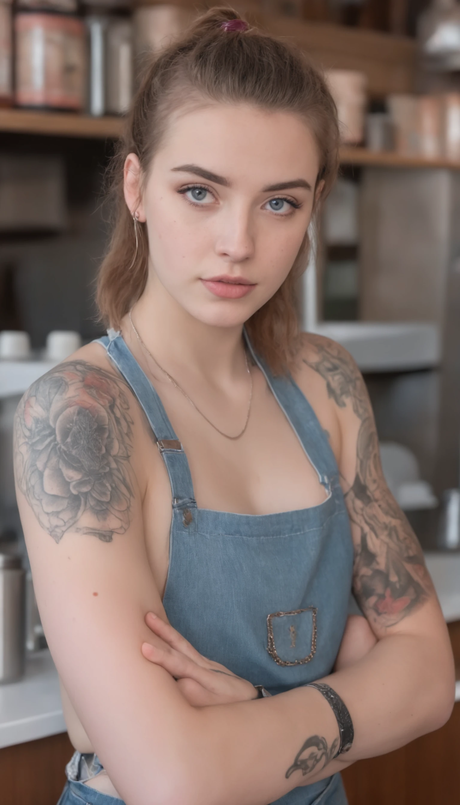 a Polish college girl working in a cafe as a barista, looking surprised at the camera, blue eyes, brown hair, pink natural lips, tattoos on her arm and piercings on her lip, earing, septum piercing, bob cut, pale skin, imperfect skin and freckles, sweaty
