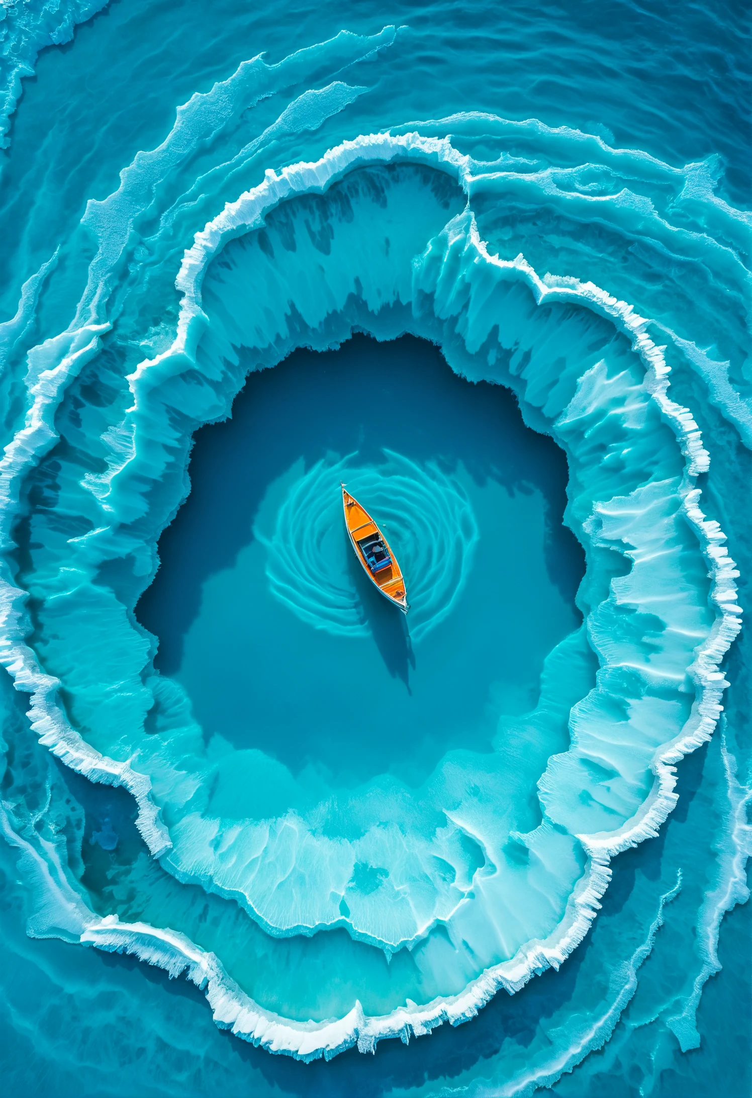 Aerial view of an ice lake with a small boat in the center,surrounded by swirling patterns andvibrant blue water. spiral abyss, The scene is captured from above in a topdown perspective, fantasy, ocean, hole, vortex, sunlight, dramatic lighting
<lora:xl_abyss:0.7>