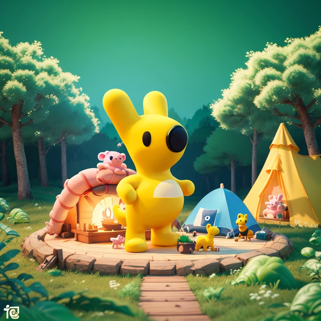 tuantuan,tuantuan,Raise left hand,solo,full body,standing,white background,black eyes,arms open,walking,3D rendering, C4d, cartoon Q version, A cute piglet is camping in the forest with many yellow trees and green plants. It has an octane renderer background. The colors include light blue and white tones in the style of "2087 Zhang Shunlong". There were some small animals around him, cute style. A tent was set up on top of it, and there should be several trees nearby. Cute cartoon design, colorful animation stills, smooth curves, colorful animated still life,<lora:meituan1.5-000009:0.8>,