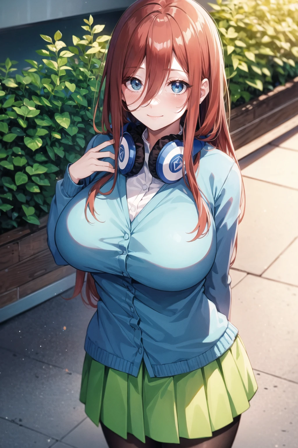 masterpiece, best quality, 1girl, nakano miku, solo,
blue eyes,
hair between eyes, brown hair, red hair,  long hair,
headphones,
blue cardigan, open cardigan,
white shirt,
(gigantic breasts:0.95),
black pantyhose, green skirt,
cowboy shot,( from below:0.8),
outdoors,
<lora:nakano miku:0.8>, light smile,