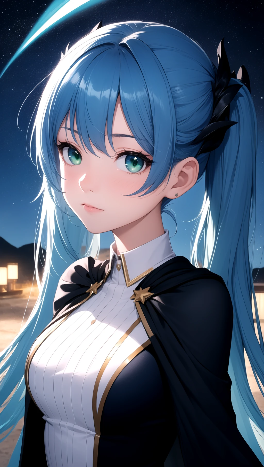 (masterpiece, best quality), 1girl, blue hair, green eyes, twintails, Enchantress velvet capes, starry sky, night, scenery, light particle, messy hair, looking at viewer,