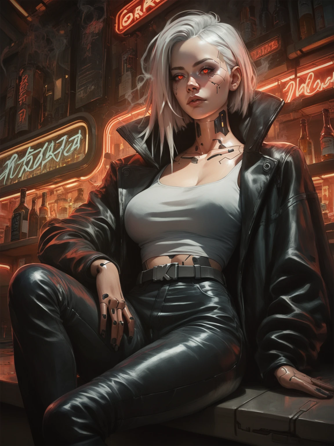 adult woman, large breasts, curvy, white hair, red eyes, black coat, black leather pants, belt, sitting at the bar, neon lights, cyberpunk bar, smoke, cyberpunk, indoors, solo, dynamic angle, <lora:Eddie_Mendoza-000009:0.8>, <lora:PDXL_Tetrixius-Style-Lyco_v1:0.5>, score_9, score_8_up, score_7_up, score_6_up