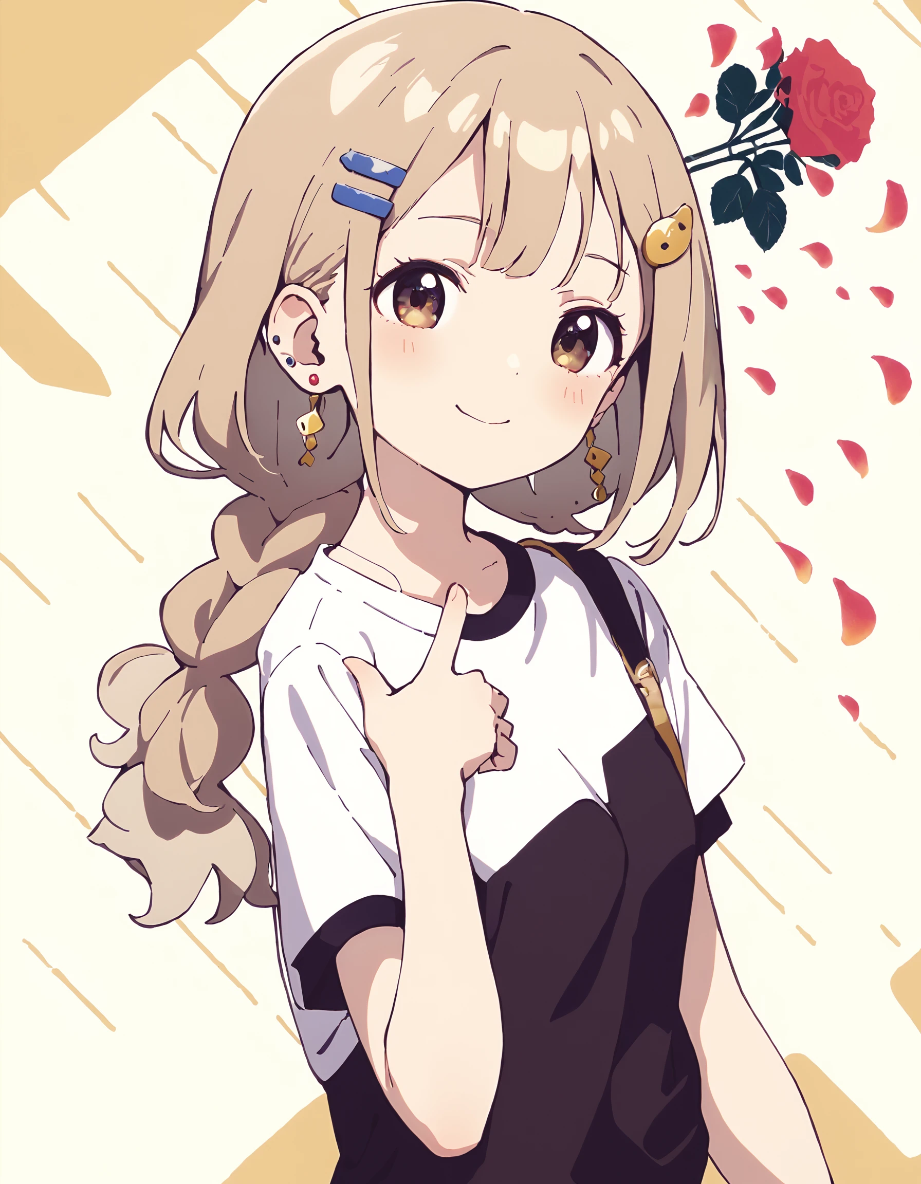 1girl,solo,mamyouda,haku geroda,popman3580,
happy,long braid,earrings,hairclip,striped,short sleeves,from side,dynamic_angle,patterned background,
<lora:boom finger gun_XL_bx-v1.03:1>,finger gun,rose,petals,
masterpiece,best quality,absurdres,