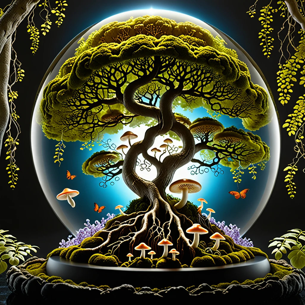 professional 3d model , <lora:bubble_watercolours_LCM-000006:0.8>, <lora:Oblivion_lcm_structure_Craft_a_high-resolution:0.8>3D photo of an art piece floating in the air. The big rock with magic flowers and mushrooms, moss, wisteria, and devil's ivy is tied to the roots of a banyan tree. Taken on a Medium Format Camera with ambient lighting using a Zeiss Distagon T* 50mm lens. . octane render, highly detailed, volumetric, dramatic lighting