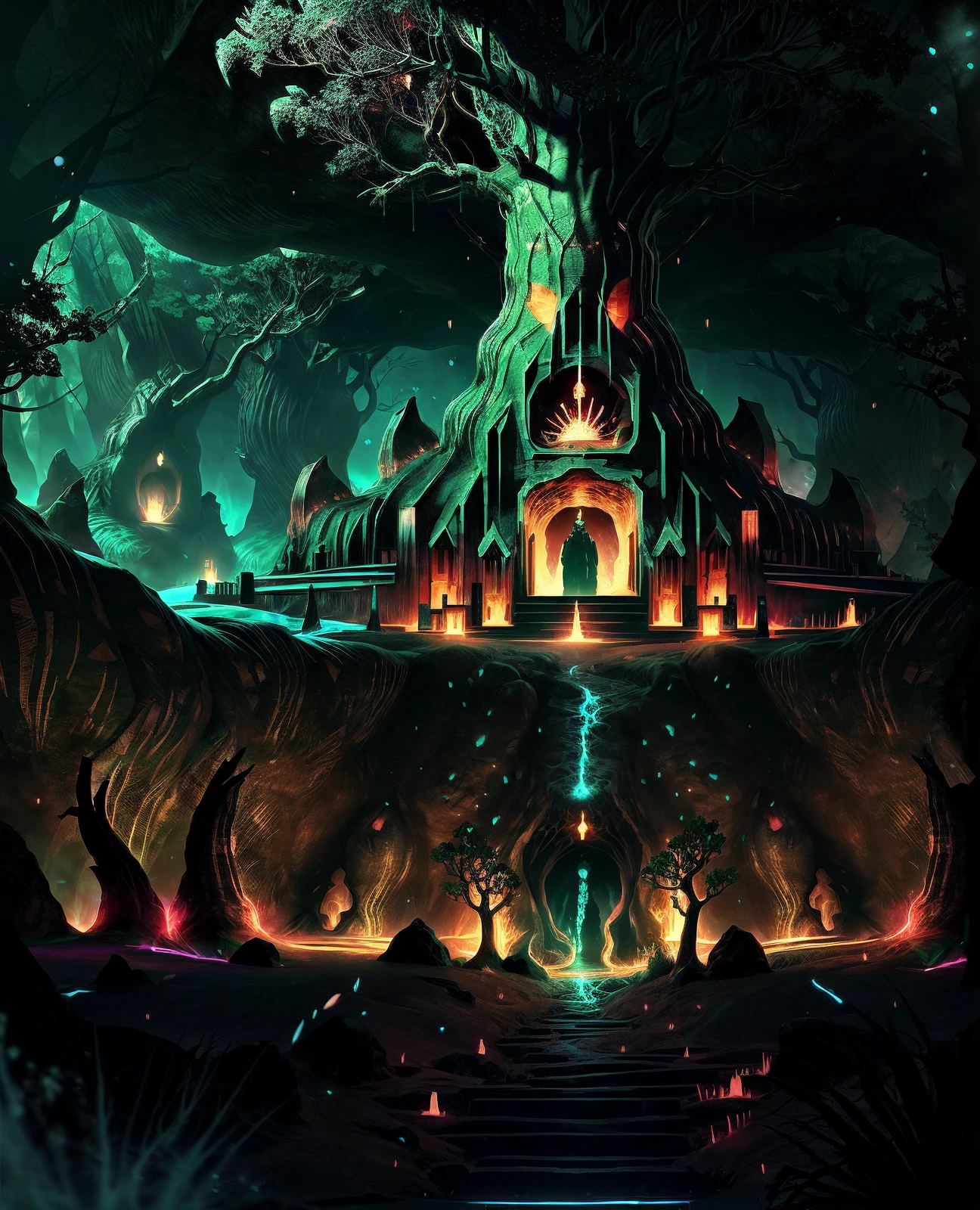 <lora:quiron_LegendaryLandscapes_v1_Lora:0.87> LegLandscapesQuiron, legendary landscapes by quiron, landscapesquiron,  surreal, particles, chromatic aberration,  glowing,  shiny,  scenery, landscape, nature,  fantasy , tree , intricate artwork masterpiece, impressive, stunning, Award winning illustration  , Silent Catacombs,