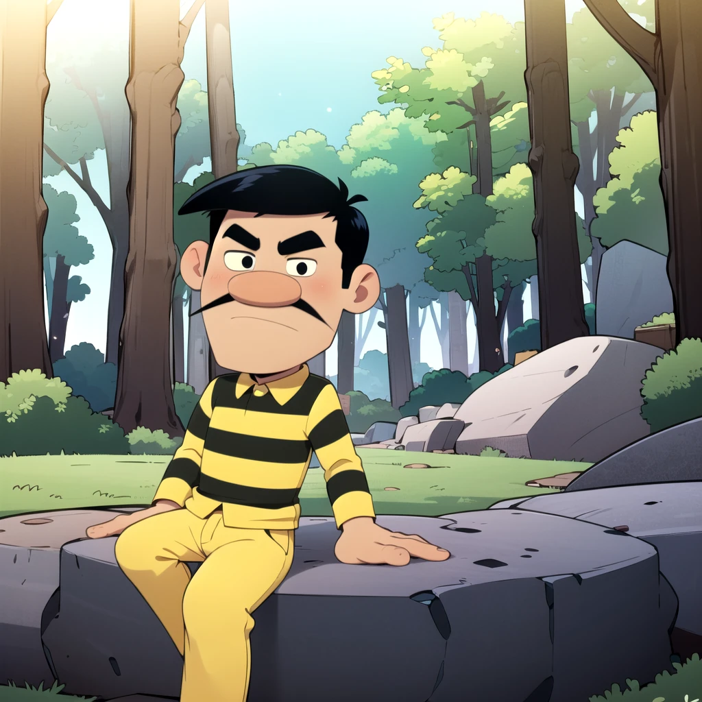 Joe Dalton, solo,  1boy,  black hair, black eyes,  facial hair, mustache, thick eyebrows, yellow striped shirt, collared shirt, yellow pants, <lora:Joe_Dalton_Leaf2:0.8>, cowboy shot, sitting, sitting on rock, forest