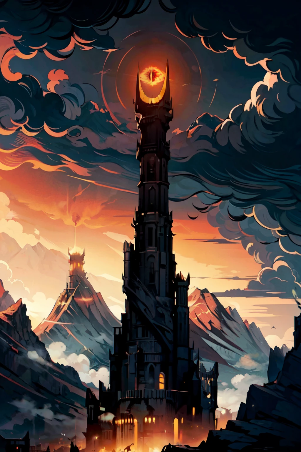 ((masterpiece,best quality)), absurdres,   <lora:Saurons_Tower:0.8>,  SauronsTower, cloud, cloudy sky, flying, sunset, mountain, castle, orange sky, flat colors,