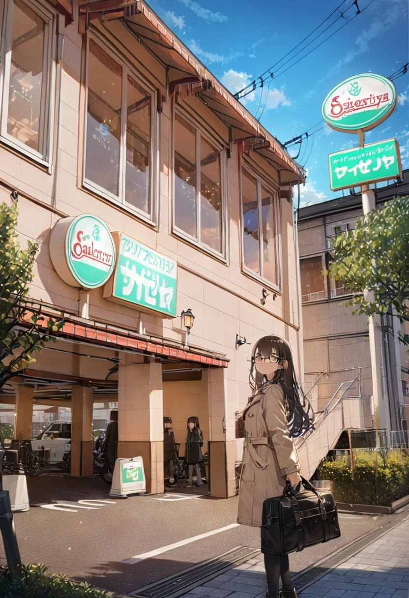 best quality, ultra-detailed, illustration,
1girl, solo, glasses, black hair, long hair, duffle coat, black bag, smile, looking at viewer, solo focus,
saizeriya, storefront, scenery, outdoors, sky, tree, power lines, sign, building, road sign, real world location, lamppost, cloud, utility pole, blue sky, night, road, neon lights, 
 <lora:saizeriya_ex_SDXL_V1:1>