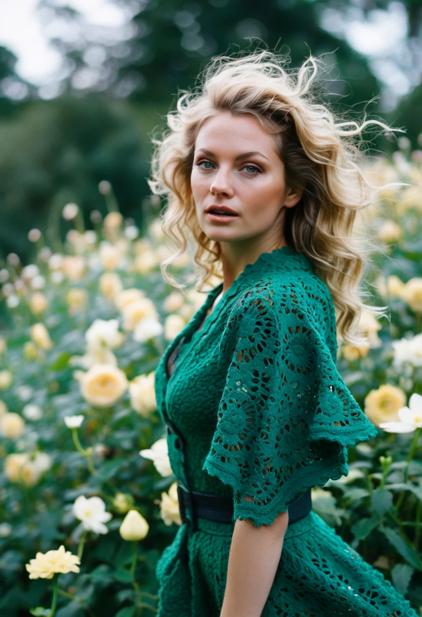Elegance in Emerald, color analog photograph, woman with wavy blonde hair, green textured garment, bokeh background with flowers, natural lighting, outdoor setting, warm tones, soft focus, vibrant colors, tranquil mood, floral backdrop, daytime, stylish outfit, partial view, mysterious atmosphere.