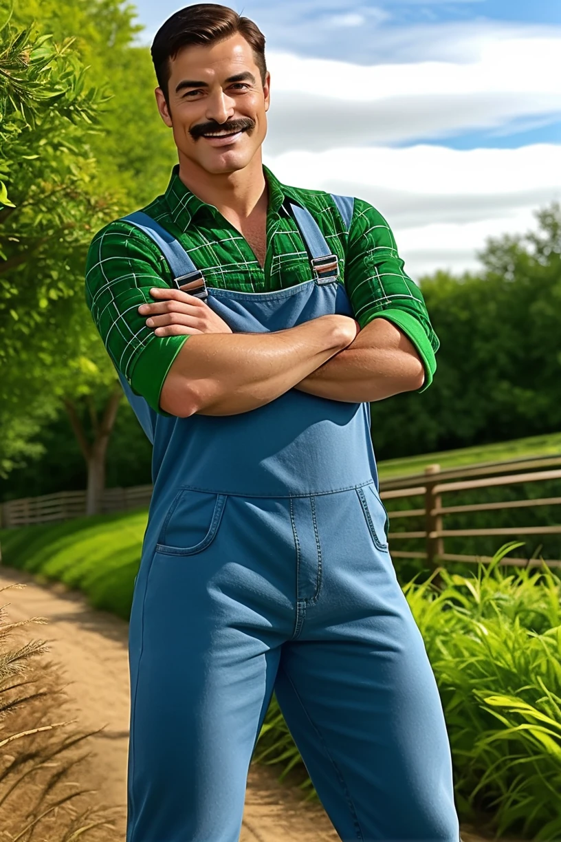 (RAW photo), <lora:FarmerJohn:0.75>, farmerjohn, (mustache:0.7), high quality, brown eyes, 1boy, muscular, outdoors, veins, sleeves rolled up, plaid shirt, overalls, (bulge:1.1), green shirt, smirk, dynamic pose