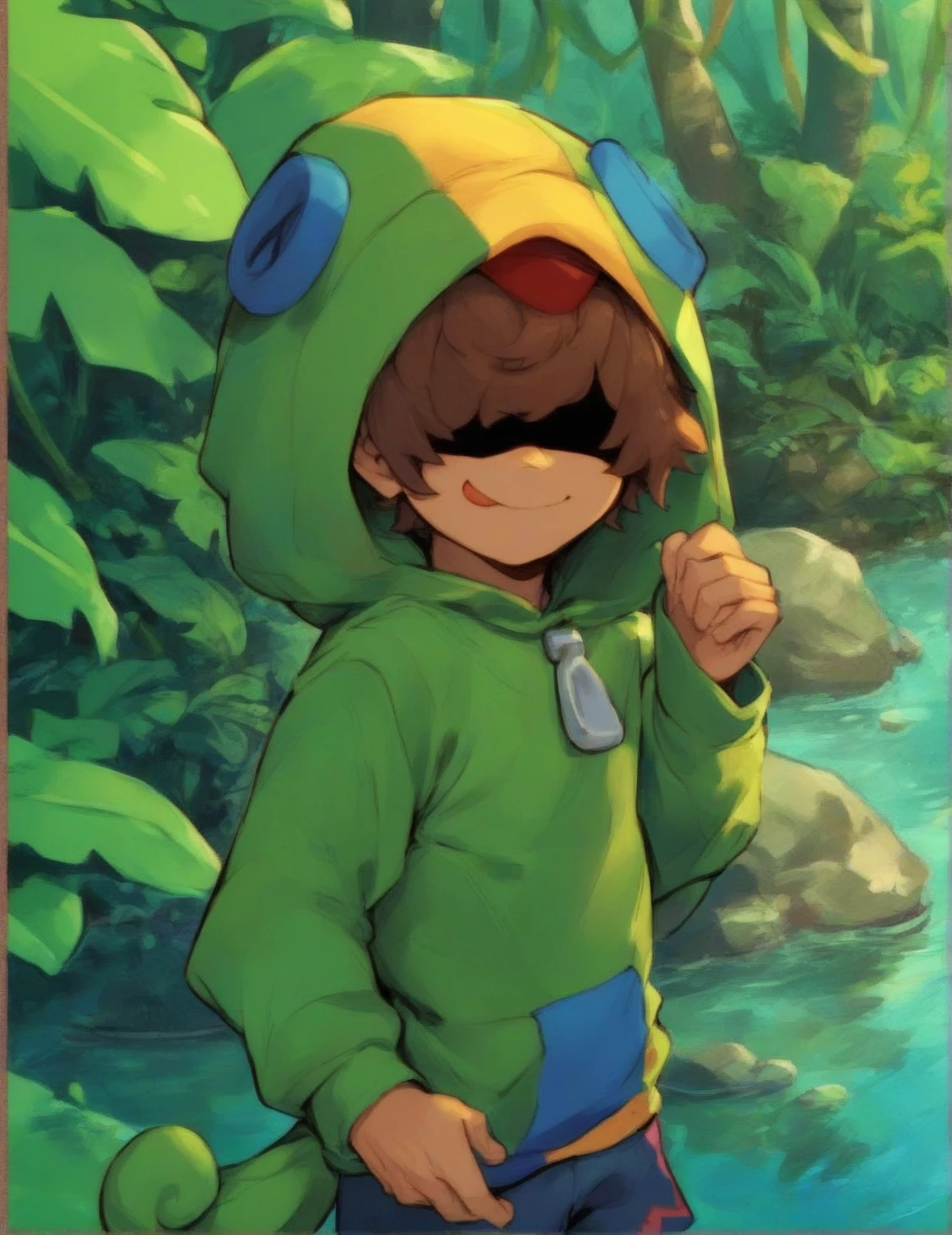 <lora:Leon:1> Leon, 1boy, solo, looking at viewer, brown hair, light smile, covered eyes, upper body, looking back, shorts, jungle,( hood:1.1), tail, hood up, tongue, long sleeves, river, hands in front of the body, hoodie, score_9, score_8_up, score_7_up, score_6_up, score_5_up, score_4_up,