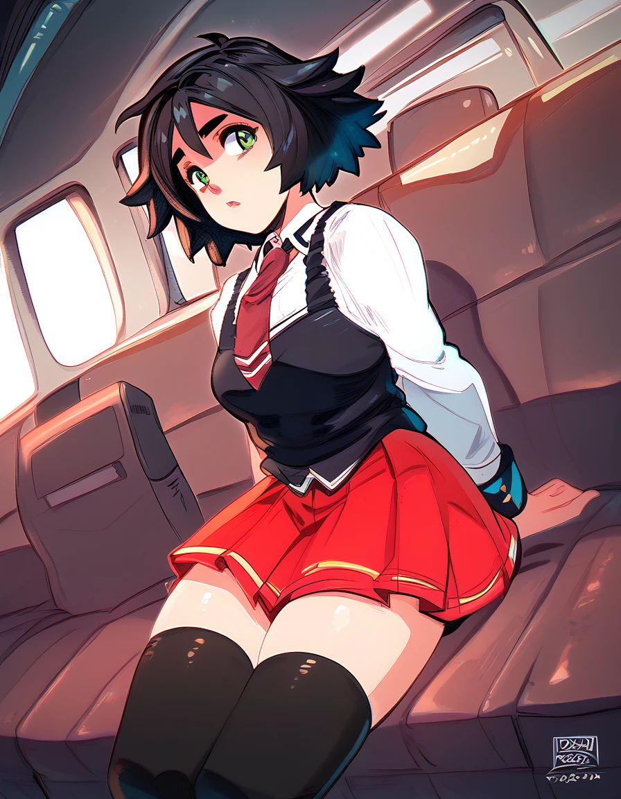 30-year-old female cabin attendant, crouching in the aisle of the plane, picking up lost items, skirt, stockings, detailed eyes, ((from the front, from below)), masterpiece, blushing, shy face, sweat