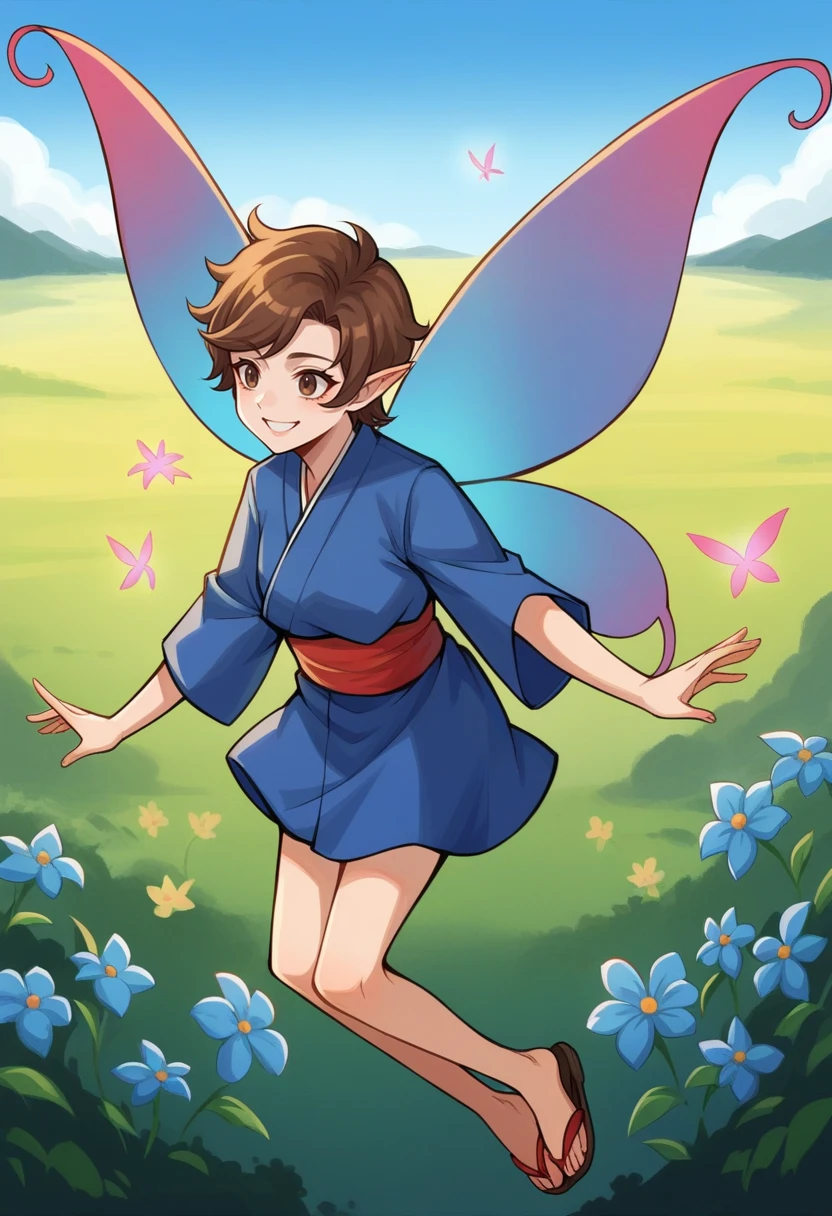 score_9, score_8_up, score_7_up, source_anime BREAK 1girl, solo,   <lora:zs_HighPixieXL:1> highpixiedsrk, short hair, brown hair, brown eyes, pointy ears, blue kimono, wings, fairy, sandals, blue sky, field of flowers, flying, smile