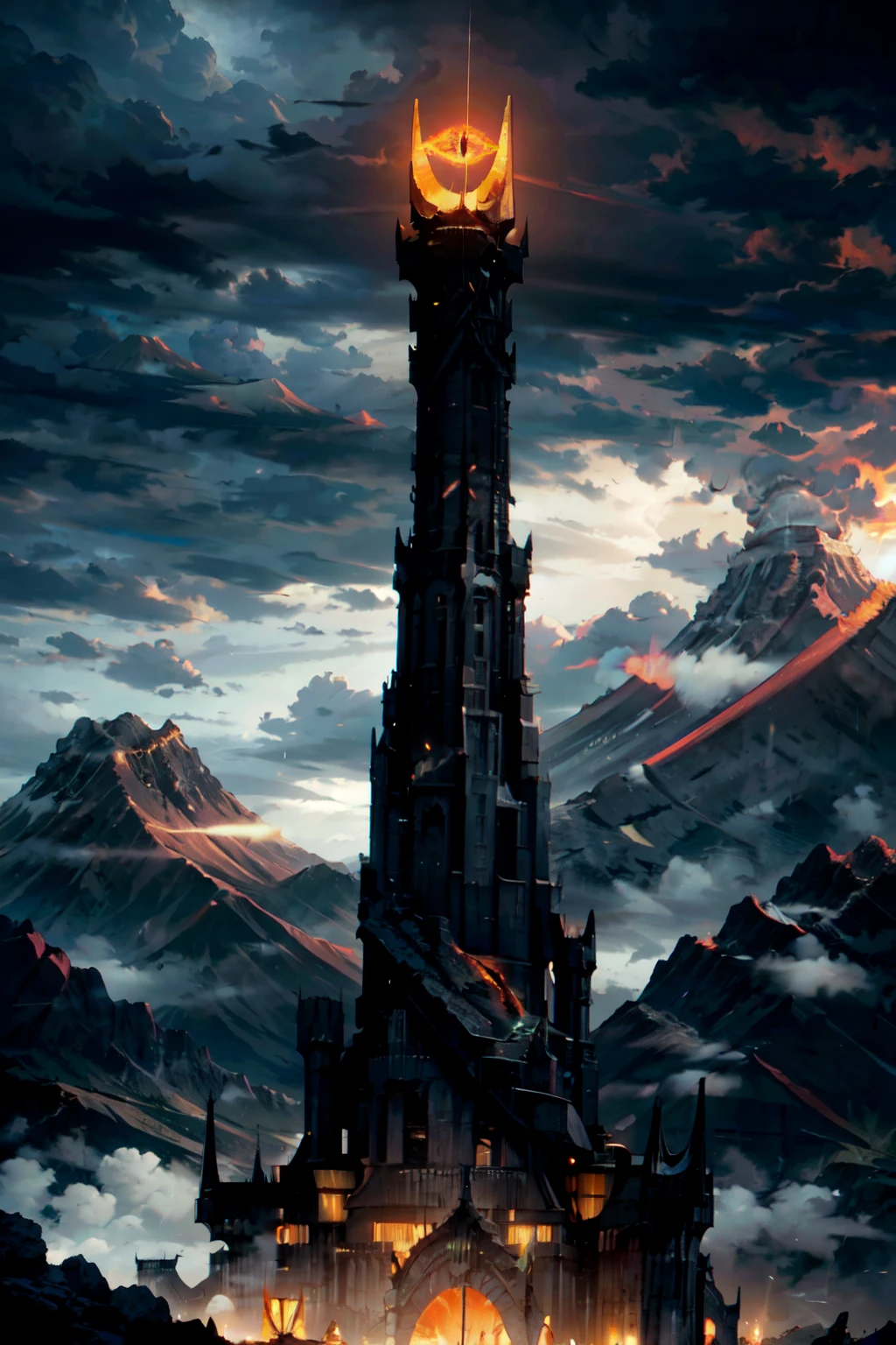 ((masterpiece,best quality)), absurdres,   <lora:Saurons_Tower:0.8>,  SauronsTower, cloud, cloudy sky, mountain range, volcano,