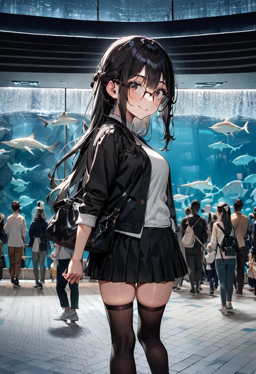 masterpiece, best quality, very aesthetic, absurdres,
1girl, solo, glasses, black hair, long hair, jacket, skirt, black bag, smile, looking at viewer, solo focus,
sumasui, aquarium, 6+boys, multiple boys, multiple girls, walking, scenery, 6+girls, bag, crowd
 <lora:sumasui_SDXL_V1:1>