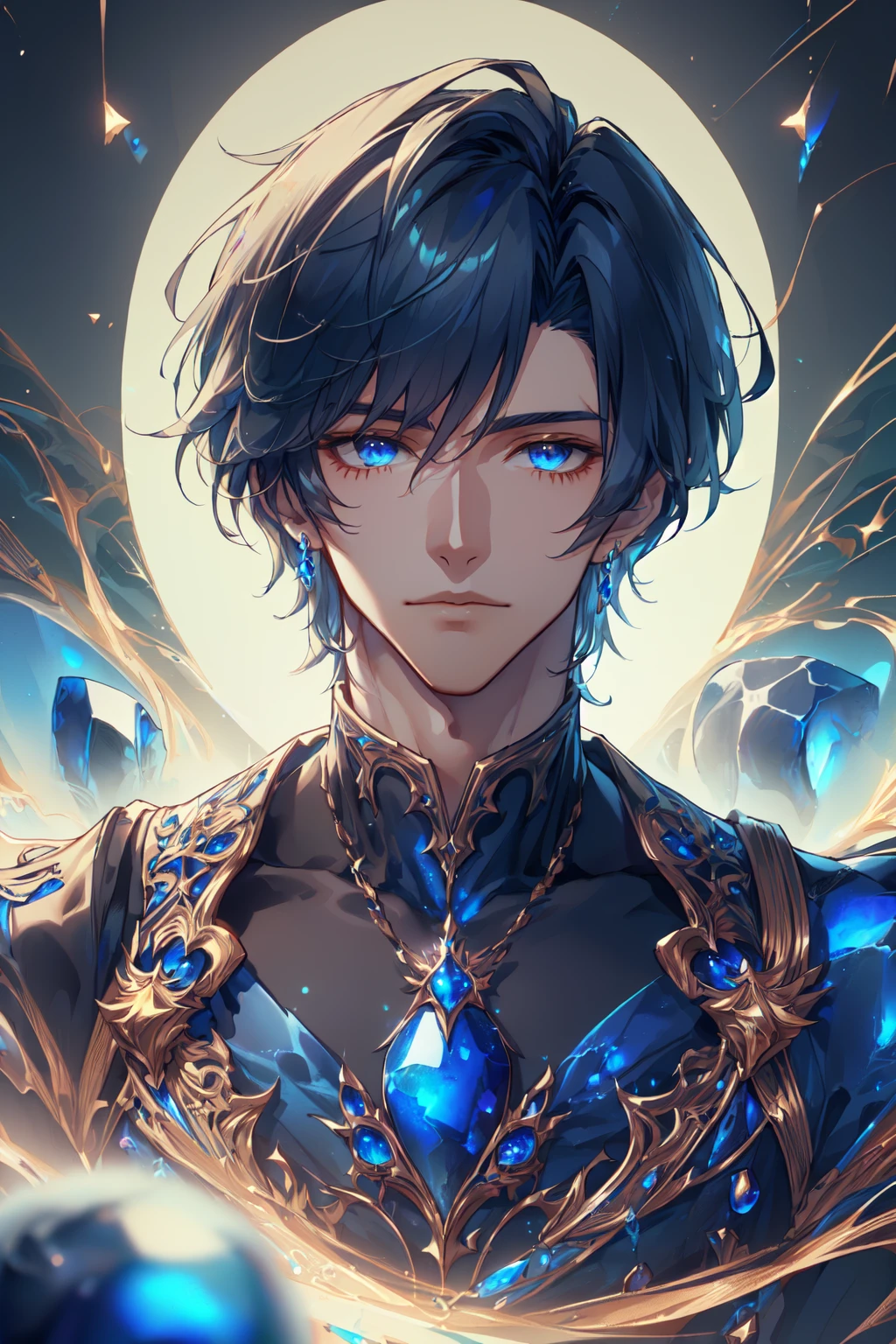 (extremely detailed CG unity 16k wallpaper,best quality,  8k, ultra high res, delicate background, depth of field,dark fantasy:1.3),
(1 handsome male,short hair composed of blue stone:1.3),
 <lora:lapis lazuli art:0.9> lapis_lazuli_male, lapis_lazuli_hair,