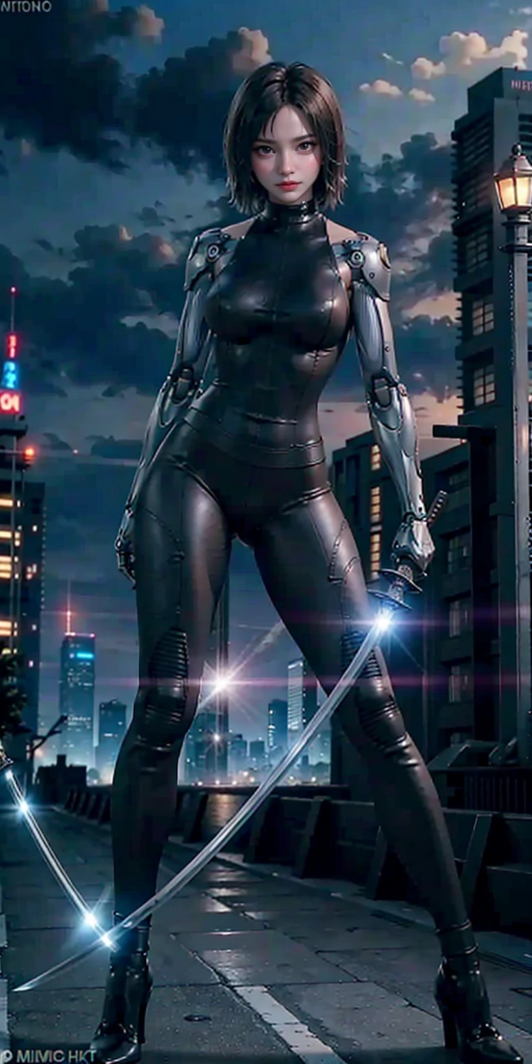 1girl, katana, holding katana, cyborg, bodysuit, full body, stand,  big breasts, high heels, outdoor, future city,  masterpiece, best quality,8k