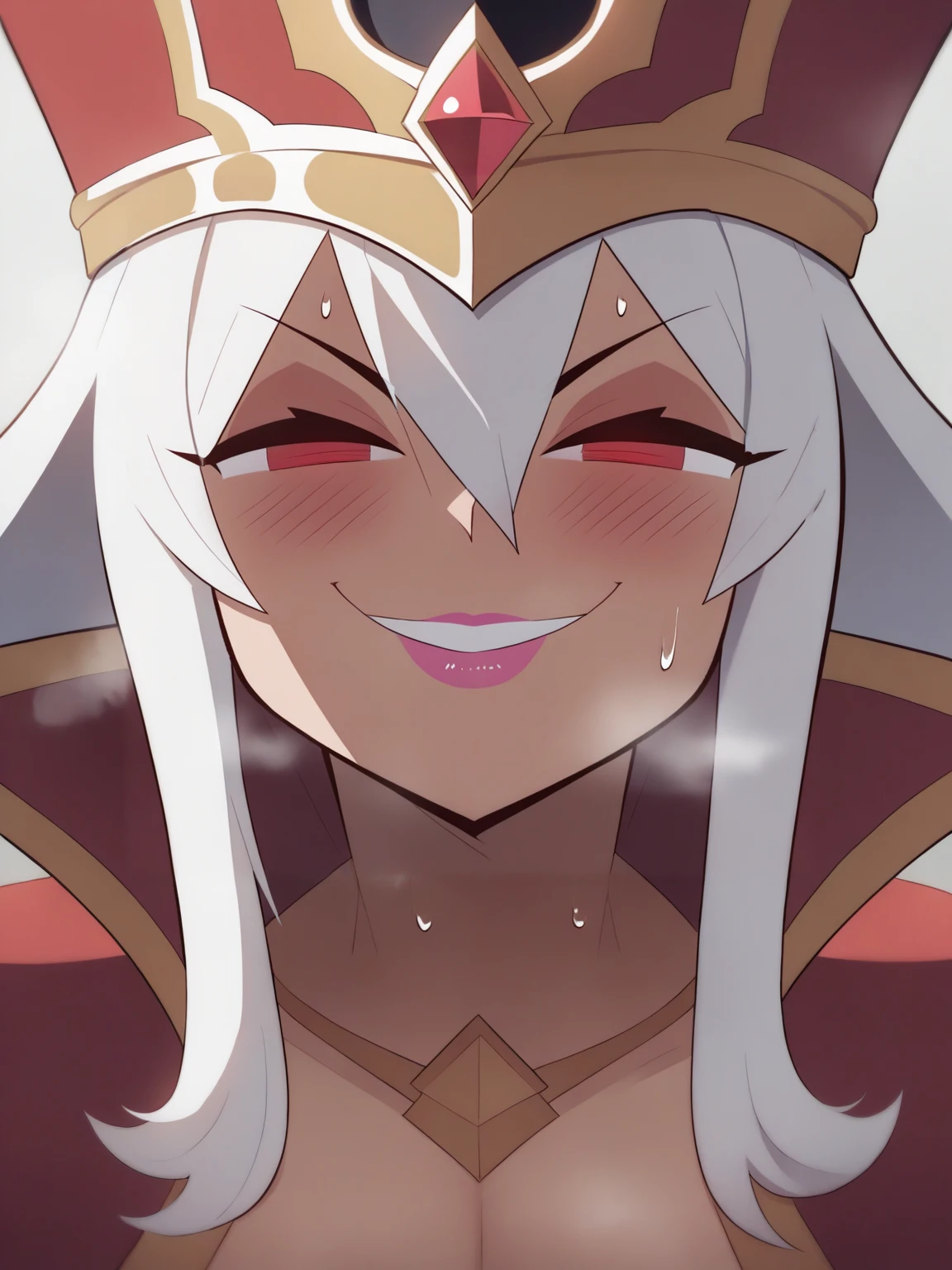 score_9, 1girl, sally whitemane, white hair, hair between eyes, red eyes, pink lips, in heat, smug, narrowed eyes, half-closed eyes, blush, naughty face, evil grin, looking at viewer, sweat, steaming body <lora:FlipherrXLLocon:1>