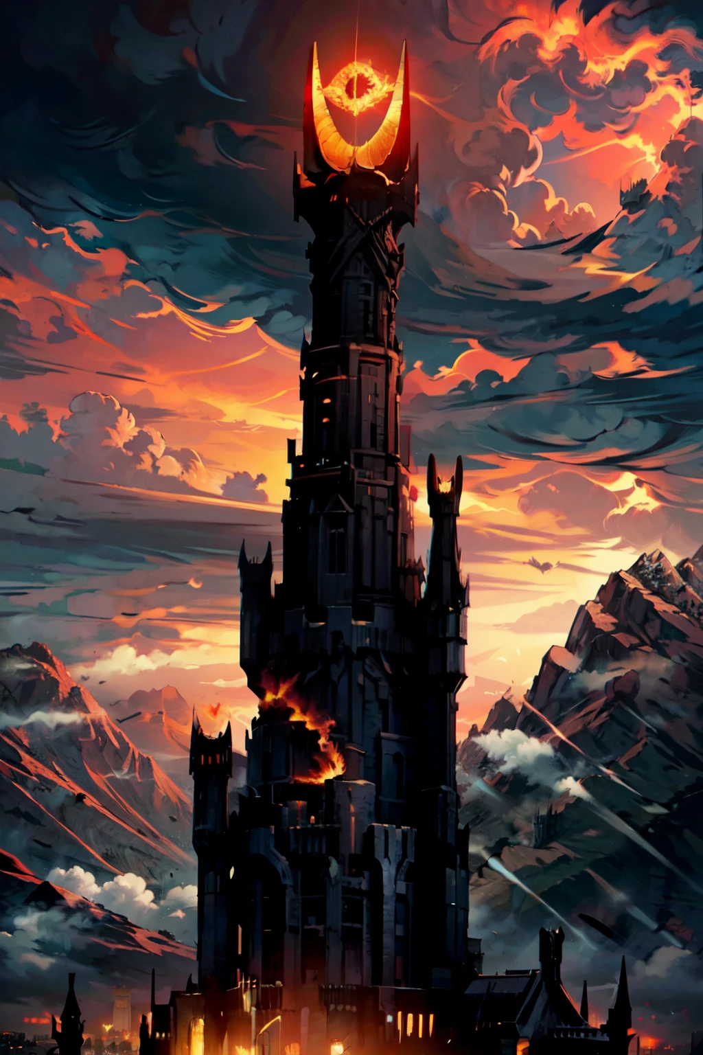 ((masterpiece,best quality)), absurdres,   <lora:Saurons_Tower:0.8>,  SauronsTower, cloud, cloudy sky, fire, castle, red sky