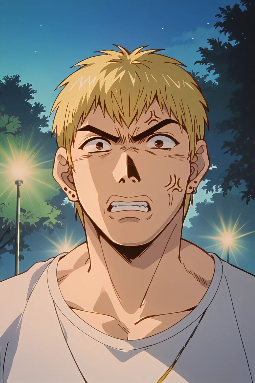 score_9, score_8_up, score_7_up, source_anime BREAK Ekiti Onizuka, muscular, blonde hair, brown eyes, short hair, ear piercing,  t-shir, cargo pants, <lora:Ekiti_OnizukaSDXL:1>, angry, meme face, portrait, background park, at night, masterpiece, 4k, best quality