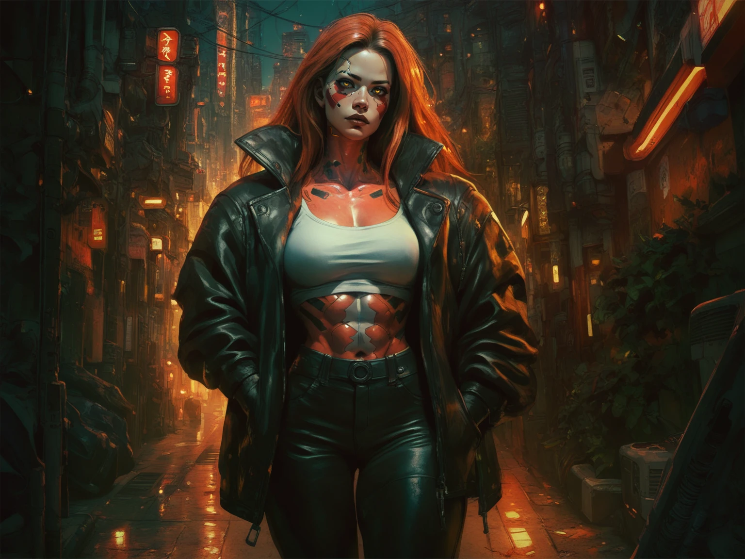 adult woman, curvy, red facepaint, orange long hair, muscular female, muscular, large breasts, yellow eyes, thighs, pants, standing, black leather jacket, cyberpunk city, cyberpunk street, cables, outdoors, cyberpunk, night, solo, <lora:Eddie_Mendoza-000009:0.8>, <lora:PDXL_Tetrixius-Style-Lyco_v1:0.5>, score_9, score_8_up, score_7_up, score_6_up