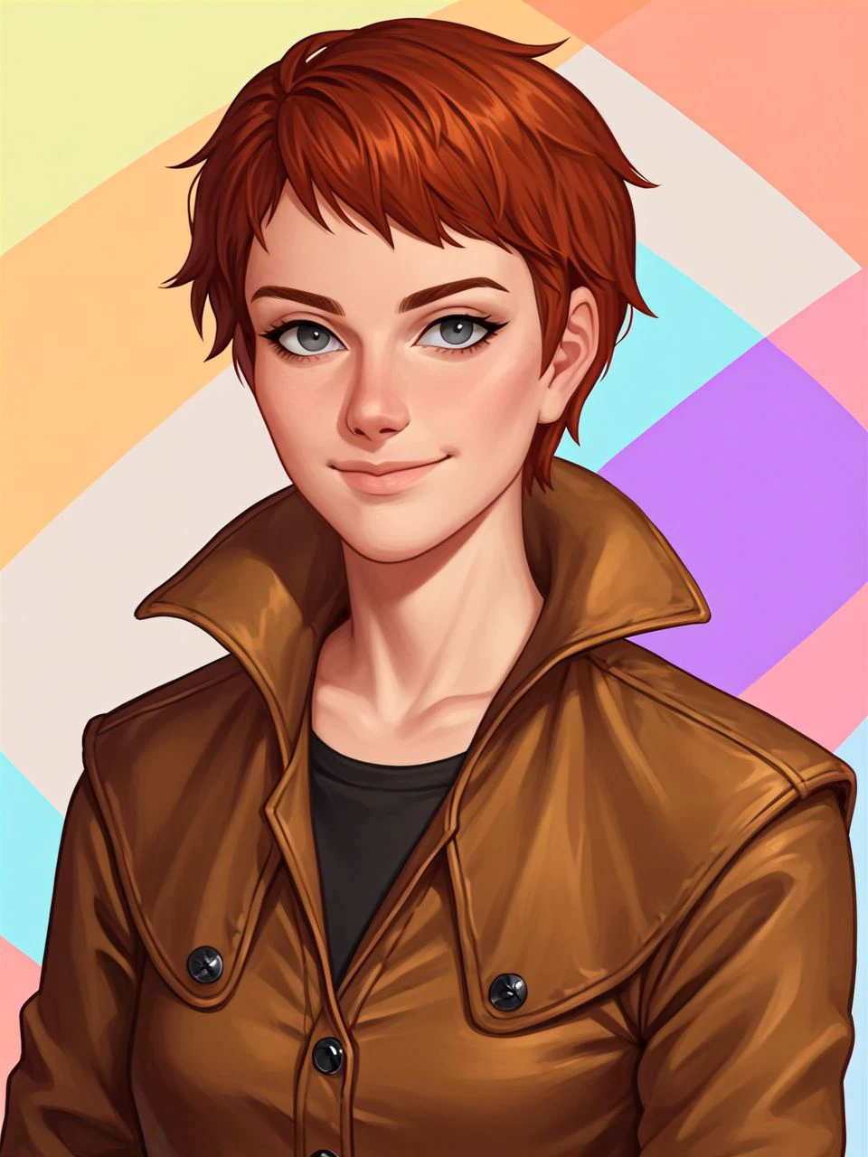 score_9,score_8_up,score_7_up,score_6_up, BREAK
short hair, auburn hair, grey eyes,
leather trenchcoat, shirt
seated pose, (upper body:1.1), warm slight smile, closed mouth, looking at viewer
(portrait studio, colorful abstract background, textured portrait backdrop:1.1)
<lora:r3dLucyFO_PDXL:1>