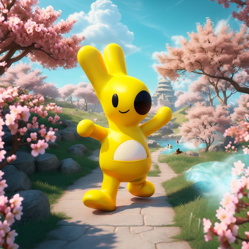 tuantuan,tuantuan, Raise left hand, solo, full body, standing, white background, black eyes, arms open, walking,An action-packed scene featuring the cat and dog as anime characters engaged in battle with other game cartoon characters,including a chibi yellow chicken character in an epic combat pose,with vibrant colors,dynamic lighting,and a playful background of a temple-like setting with floating islands and cherry blossom trees. Smoke effects add to the excitement,in the style of Unreal Engine 5,with high resolution.,<lora:meituan1.5-000009:0.8>,