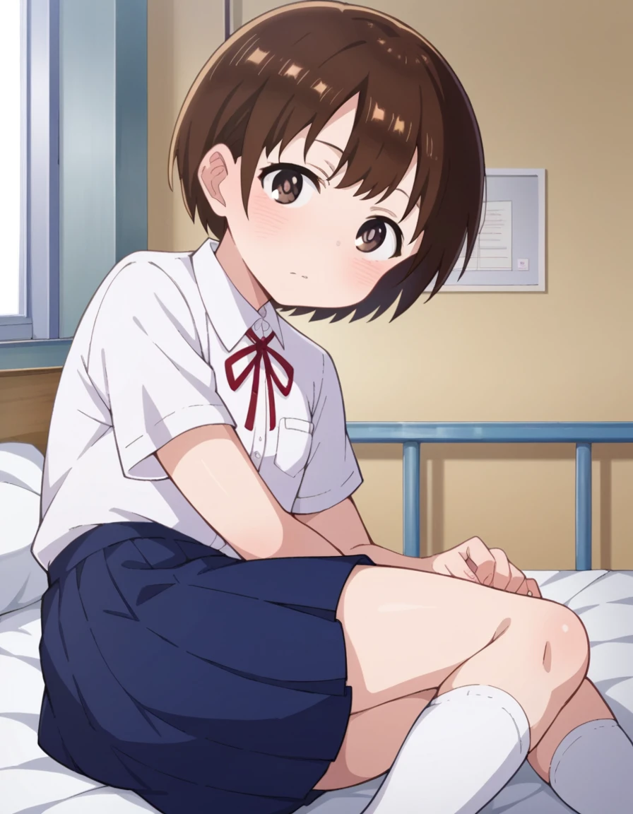 score_9, score_8_up, score_7_up, source_anime,
chihirokobayashi, <lora:chihiro-kobayashi-s2-ponyxl-lora-nochekaiser:1>,
chihiro kobayashi, short hair, brown hair, brown eyes,
skirt, shirt, school uniform, pleated skirt, socks, white socks, white shirt, collared shirt, ribbon, red ribbon, short sleeves,
indoors, bed, bed room, on side, blush, drunk,
looking at viewer, cowboy shot, dutch angle,