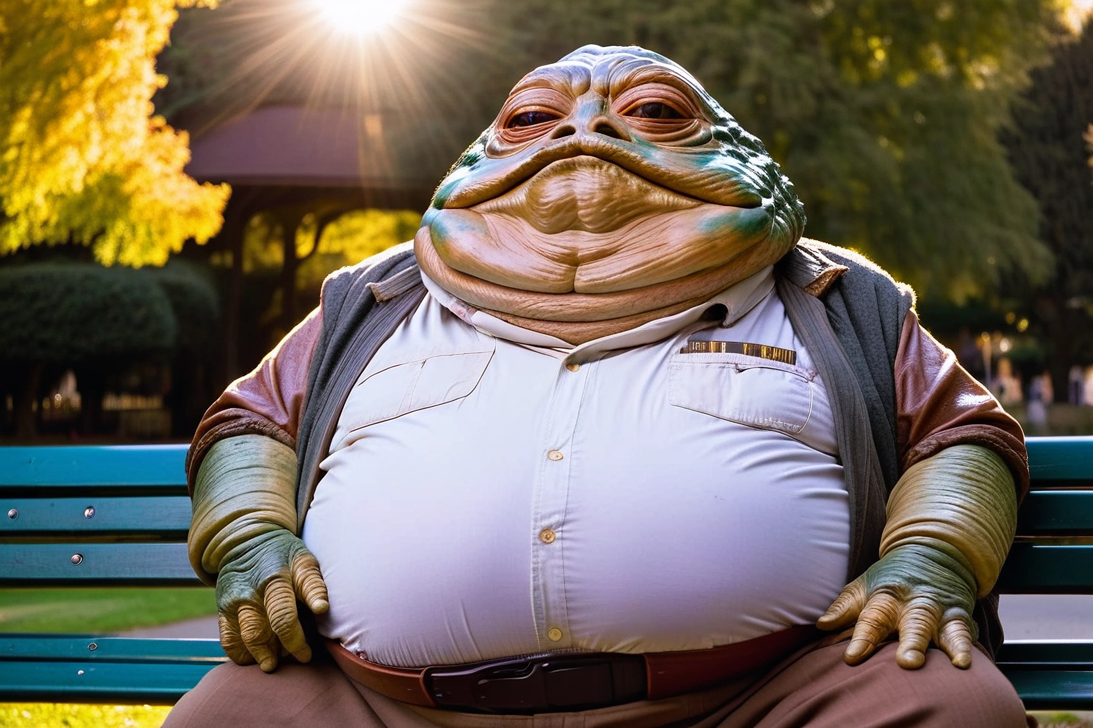 Photo, jabba_the_hutt is an old man, sitting on a park bench contemplating life, daytime, lens flare, button down shirt, brown slacks 