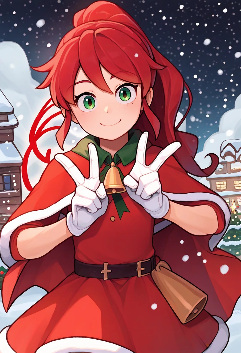 score_9, score_8_up, score_7_up, source_anime, solo, 1girl, pyrrhadef, smile, looking at viewer, double v, ponytail, christmas, red capelet, red dress, fur-trimmed dress, long sleeves, white gloves, snowing, outdoors <lora:rwby_pyrrhanikos_ponyXL:1>