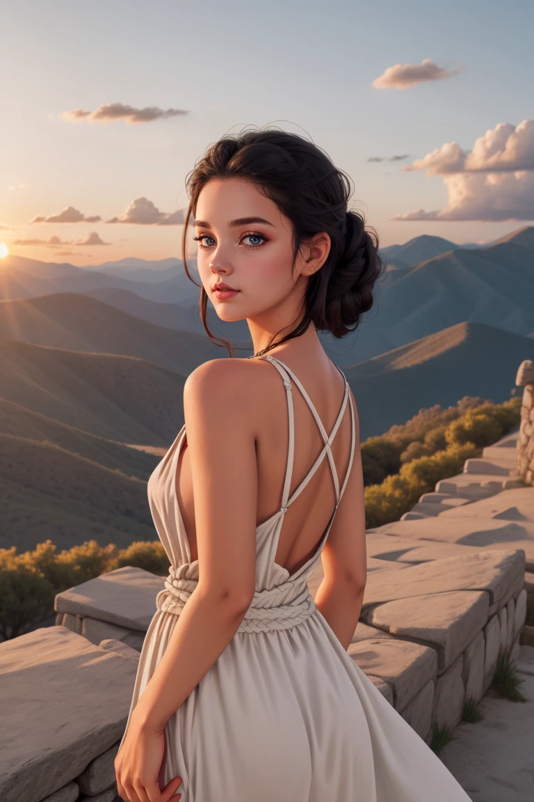 1girl, solo, long curly black hair updo, looking at viewer, portrait, hud_grcian_gdss, bare shoulders, white deep V neck dress, belt, <lora:grecian-000008:0.8>, mountaintop, blue sky, sunset