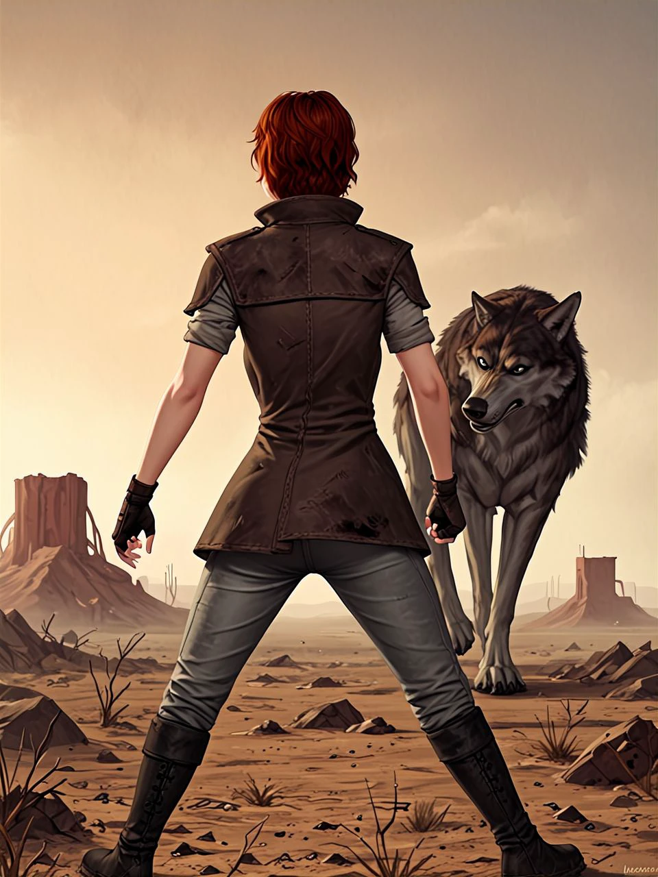 score_9,score_8_up,score_7_up,score_6_up, BREAK
short hair, auburn hair, grey eyes, female
coat, forearms, fingerless gloves, grey pants, black boots
(facing away:1.2), wide stance, fighting stance, (giant wolf:1.5)
post-apocalypse, wasteland, mojave desert,
 <lora:r3dLucyFO_PDXL:0.8>