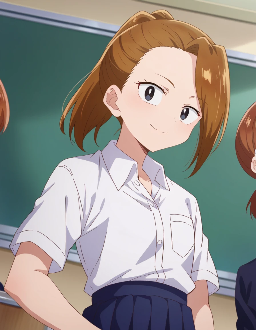 score_9, score_8_up, score_7_up, source_anime,
serinayoshida, <lora:serina-yoshida-s2-ponyxl-lora-nochekaiser:1>,
serina yoshida, brown hair, ponytail, black eyes,
skirt, shirt, school uniform, white shirt, short sleeves, pleated skirt, collared shirt, blue skirt,
indoors, classroom, smile,
looking at viewer, cowboy shot, dutch angle, solo,