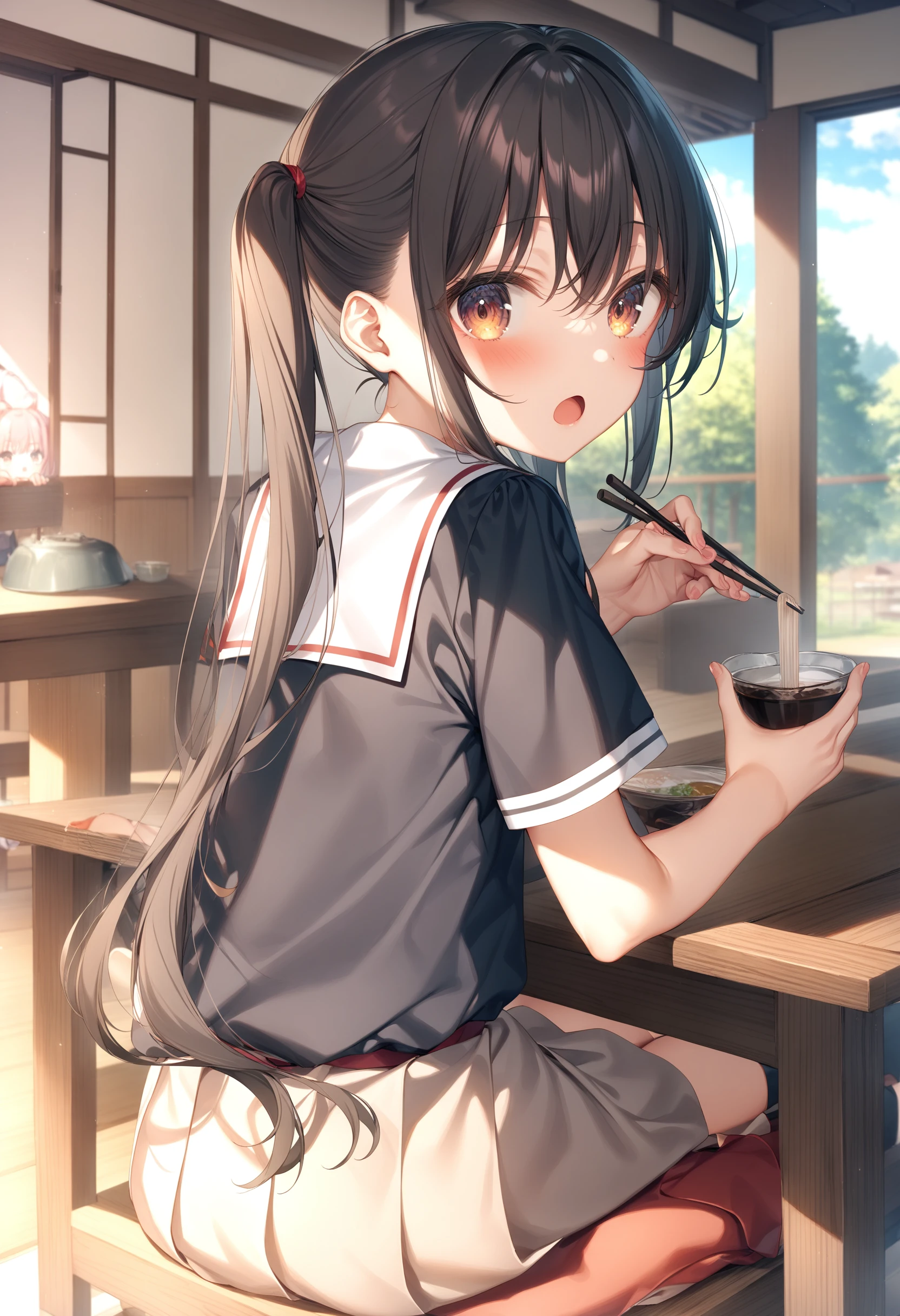 1girl, sincos, ningen mame, toosaka asagi,<lora:sdxl2-flat2-512b:-1>,medium breasts,school uniform, short sleeves,brown hair, brown eyes,
soumen, chopsticks, holding bowl, sitting,day, table, indoors, <lora:soumen_XL_v1:0.8>
from behind, panorama shot, looking back, blush, open mouth,
masterpiece,best quality, very aesthetic, absurdres,